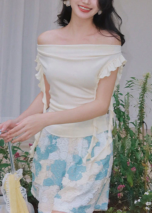 Apricot Ruffled Solid Cotton T Shirt Top Slash Neck - Image 3