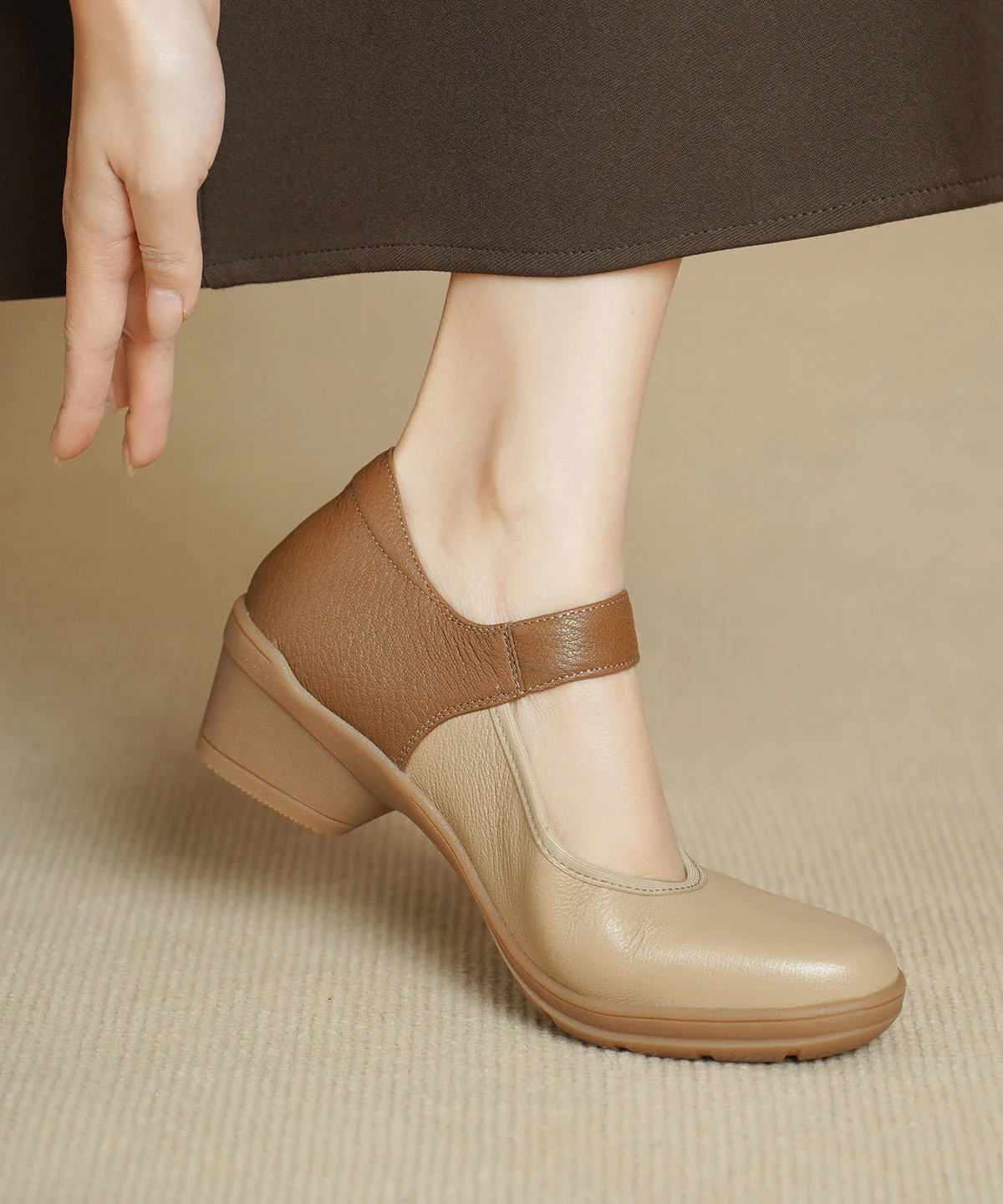 Apricot Sheepskin Splicing Chunky Heels Shoes Buckle Strap