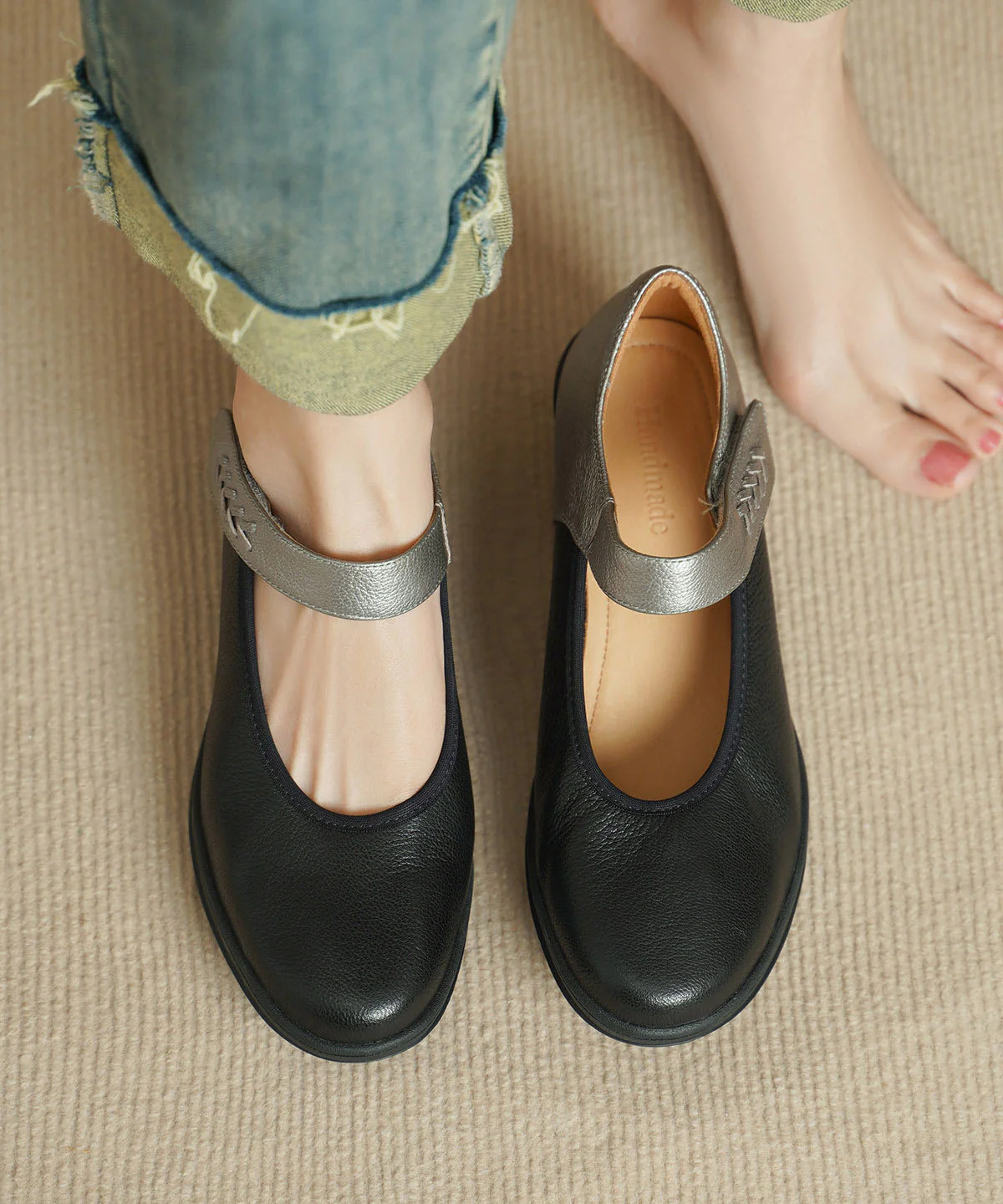 Apricot Sheepskin Splicing Chunky Heels Shoes Buckle Strap - Image 2