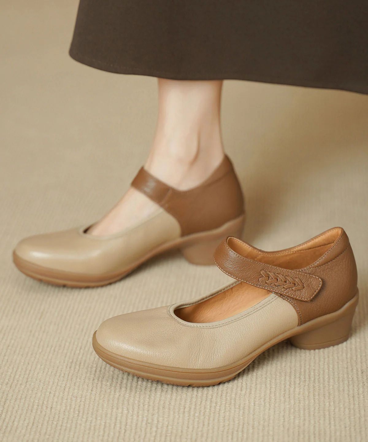 Apricot Sheepskin Splicing Chunky Heels Shoes Buckle Strap - Image 3