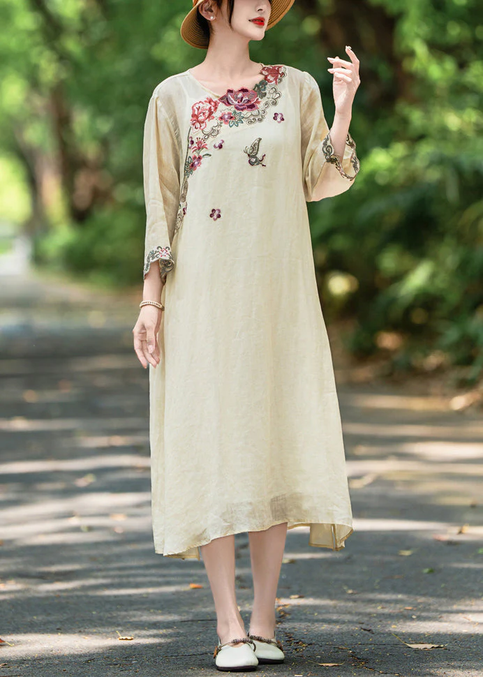 Apricot Side Open Linen Dresses Embroidered Bracelet Sleeve - Image 3