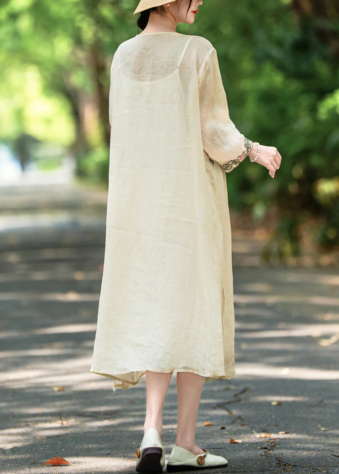 Apricot Side Open Linen Dresses Embroidered Bracelet Sleeve - Image 4