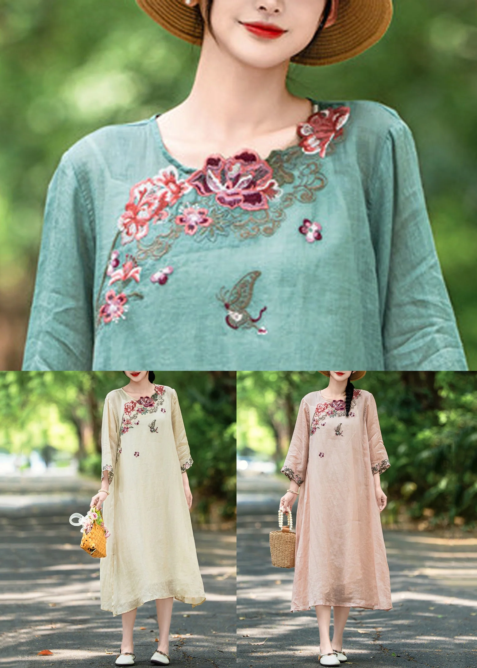 Apricot Side Open Linen Dresses Embroidered Bracelet Sleeve - Image 5