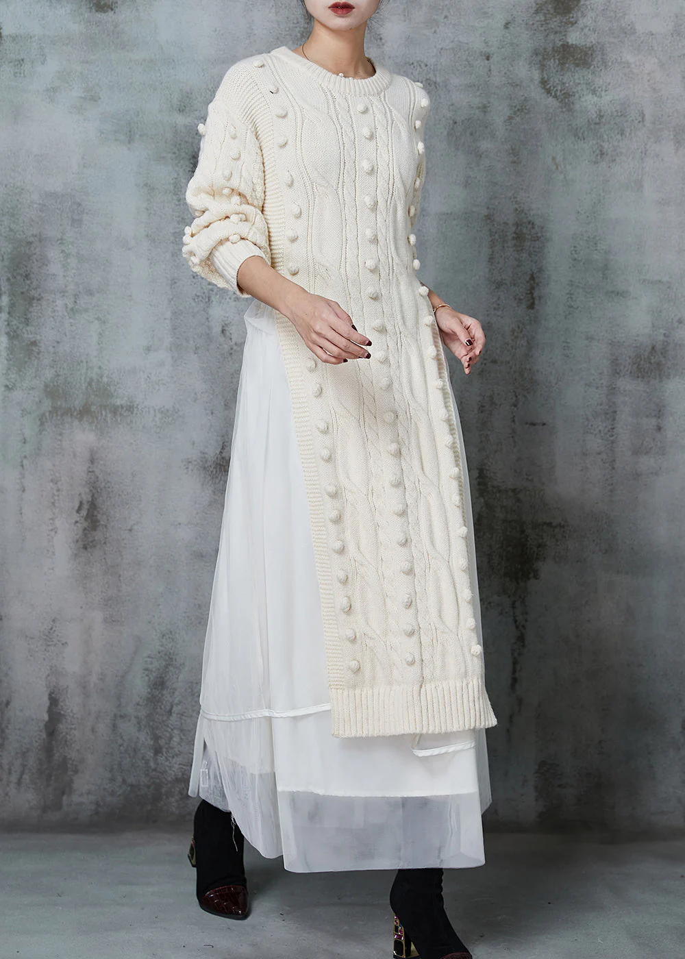 Apricot Silm Fit Knit Long Dress Two Pieces Set Side Open Spring - Image 3