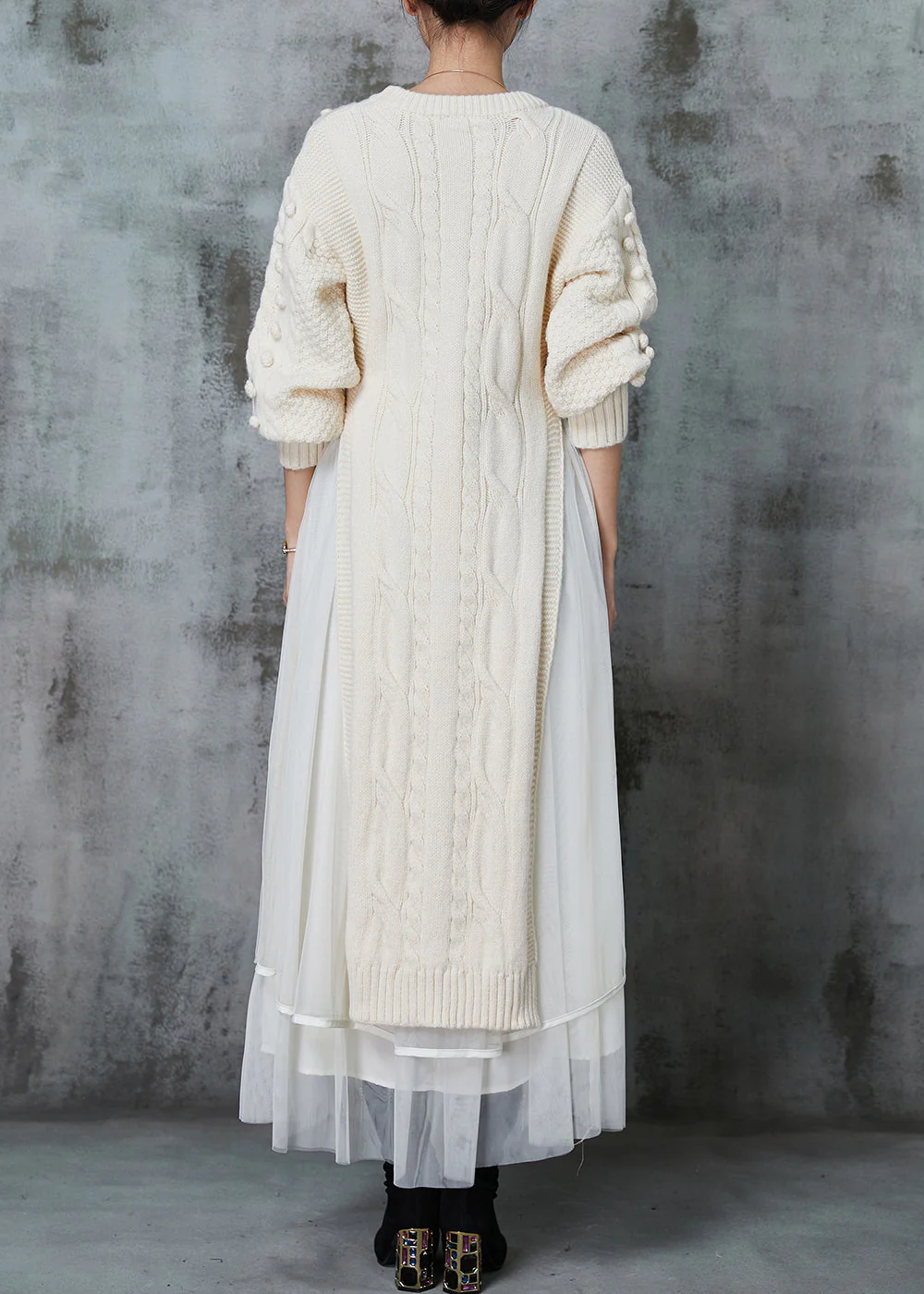 Apricot Silm Fit Knit Long Dress Two Pieces Set Side Open Spring - Image 4