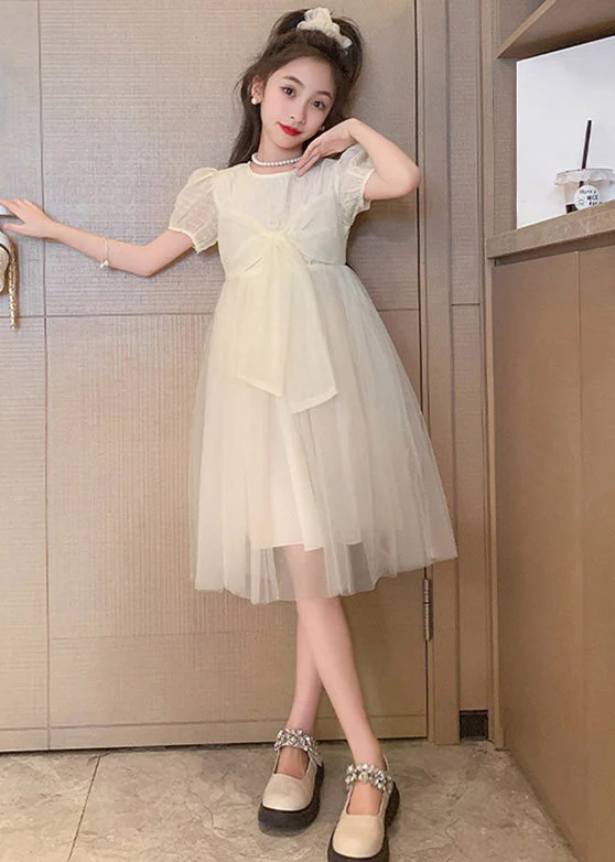 Apricot Striped Patchwork Tulle Girls Maxi Dress Puff Sleeve - Image 2