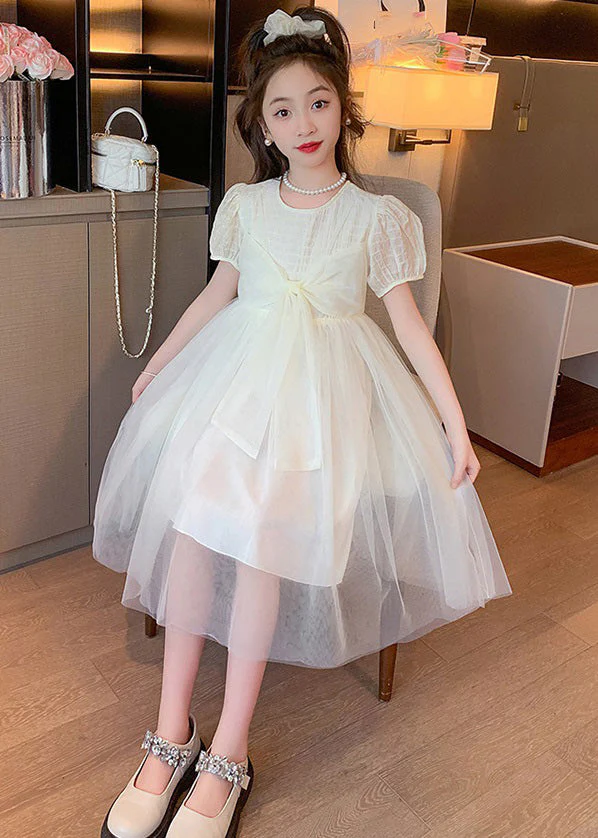 Apricot Striped Patchwork Tulle Girls Maxi Dress Puff Sleeve - Image 3
