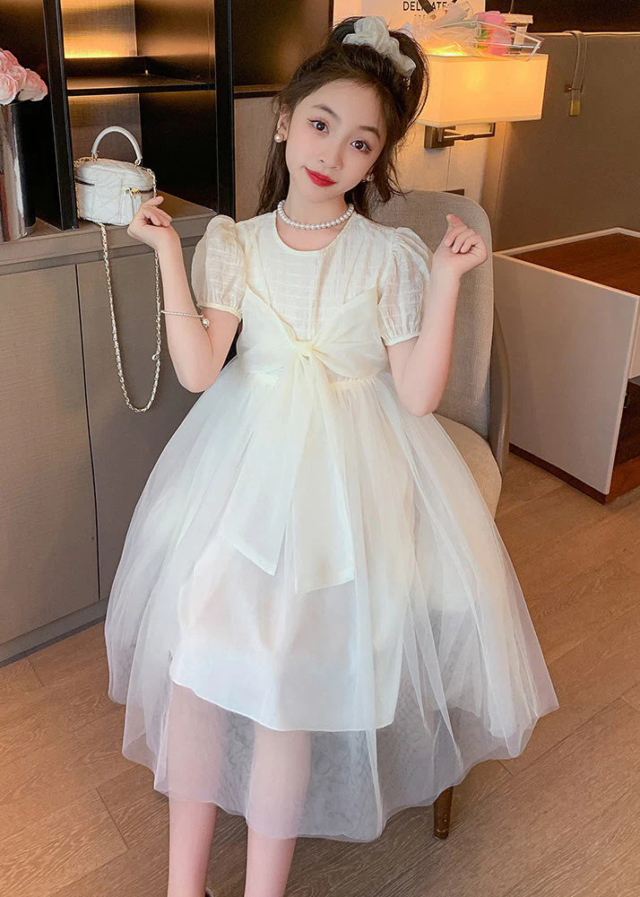 Apricot Striped Patchwork Tulle Girls Maxi Dress Puff Sleeve - Image 4