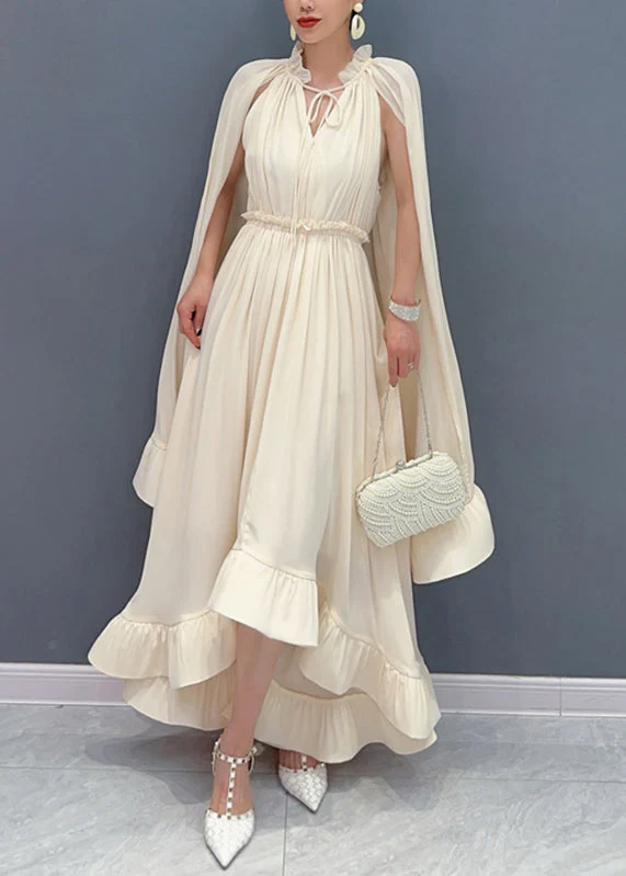 Apricot Tie Lace Ruffled Patchwork Chiffon Long Dresses Cloak Sleeve