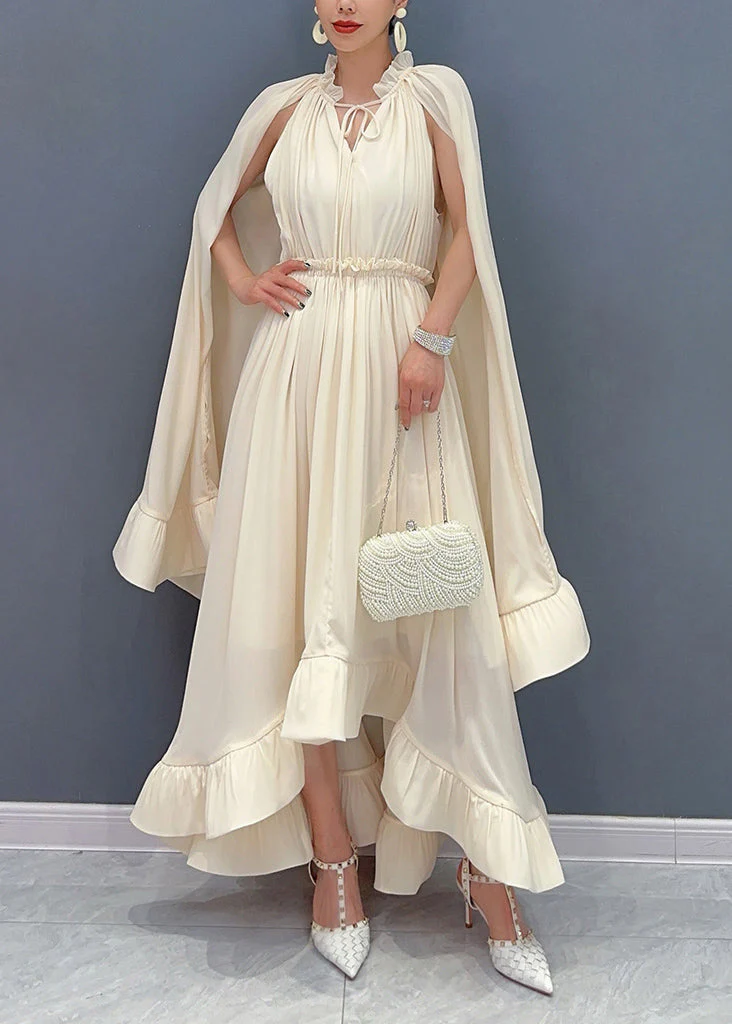 Apricot Tie Lace Ruffled Patchwork Chiffon Long Dresses Cloak Sleeve - Image 2