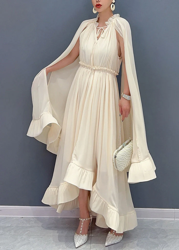 Apricot Tie Lace Ruffled Patchwork Chiffon Long Dresses Cloak Sleeve - Image 3