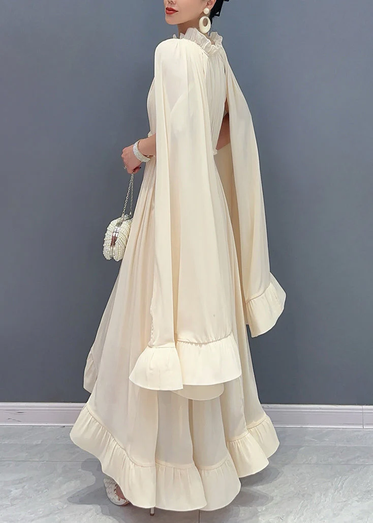 Apricot Tie Lace Ruffled Patchwork Chiffon Long Dresses Cloak Sleeve - Image 4