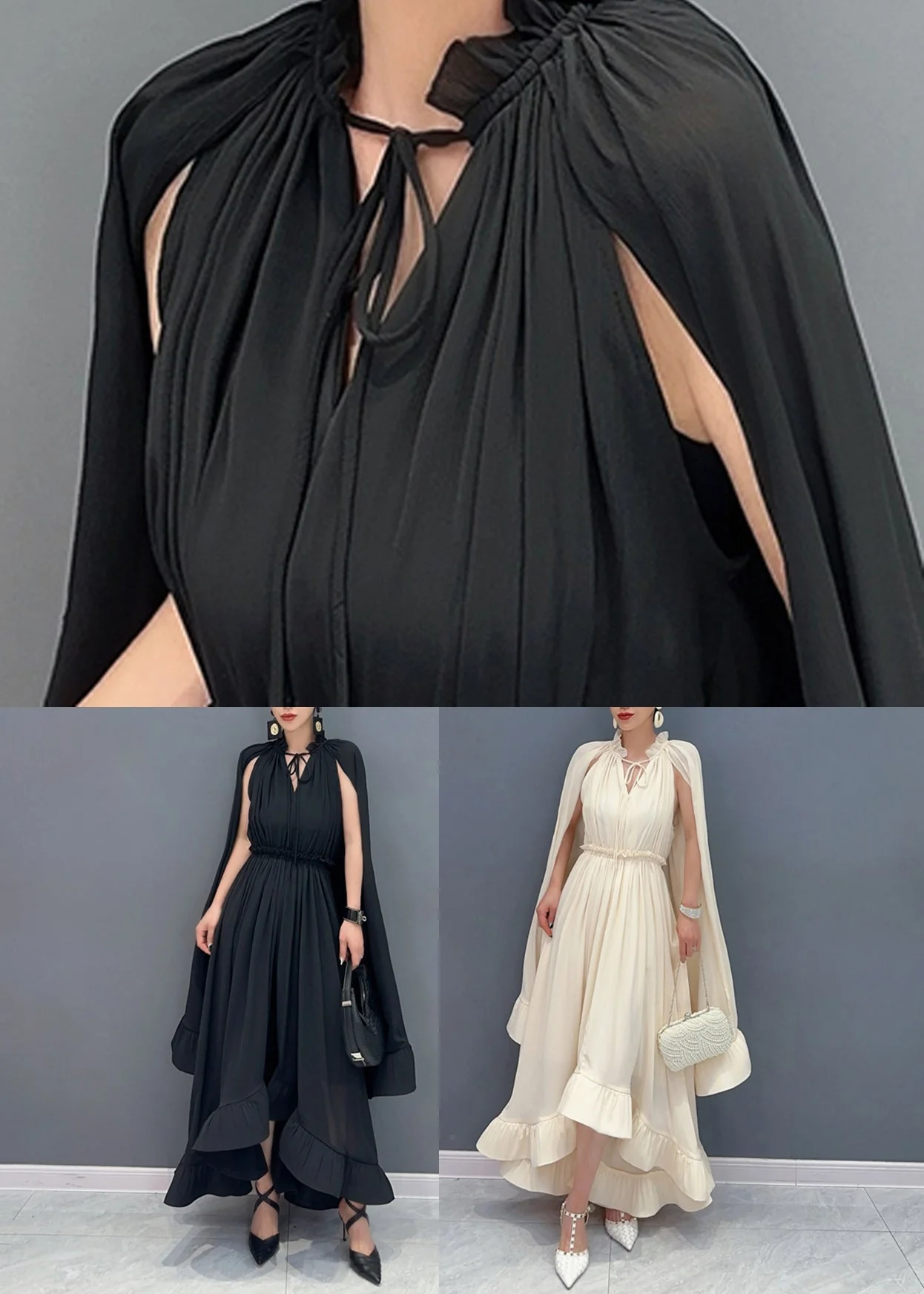 Apricot Tie Lace Ruffled Patchwork Chiffon Long Dresses Cloak Sleeve - Image 5