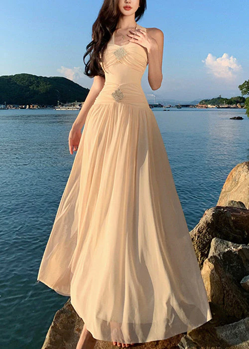 Apricot Wrinkled Cotton Long Dresses High Waist Summer - Image 2