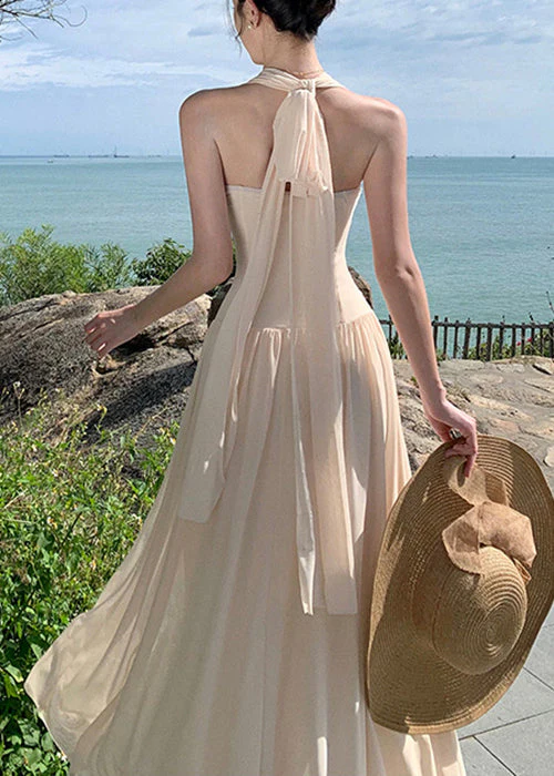 Apricot Wrinkled Cotton Long Dresses High Waist Summer - Image 4