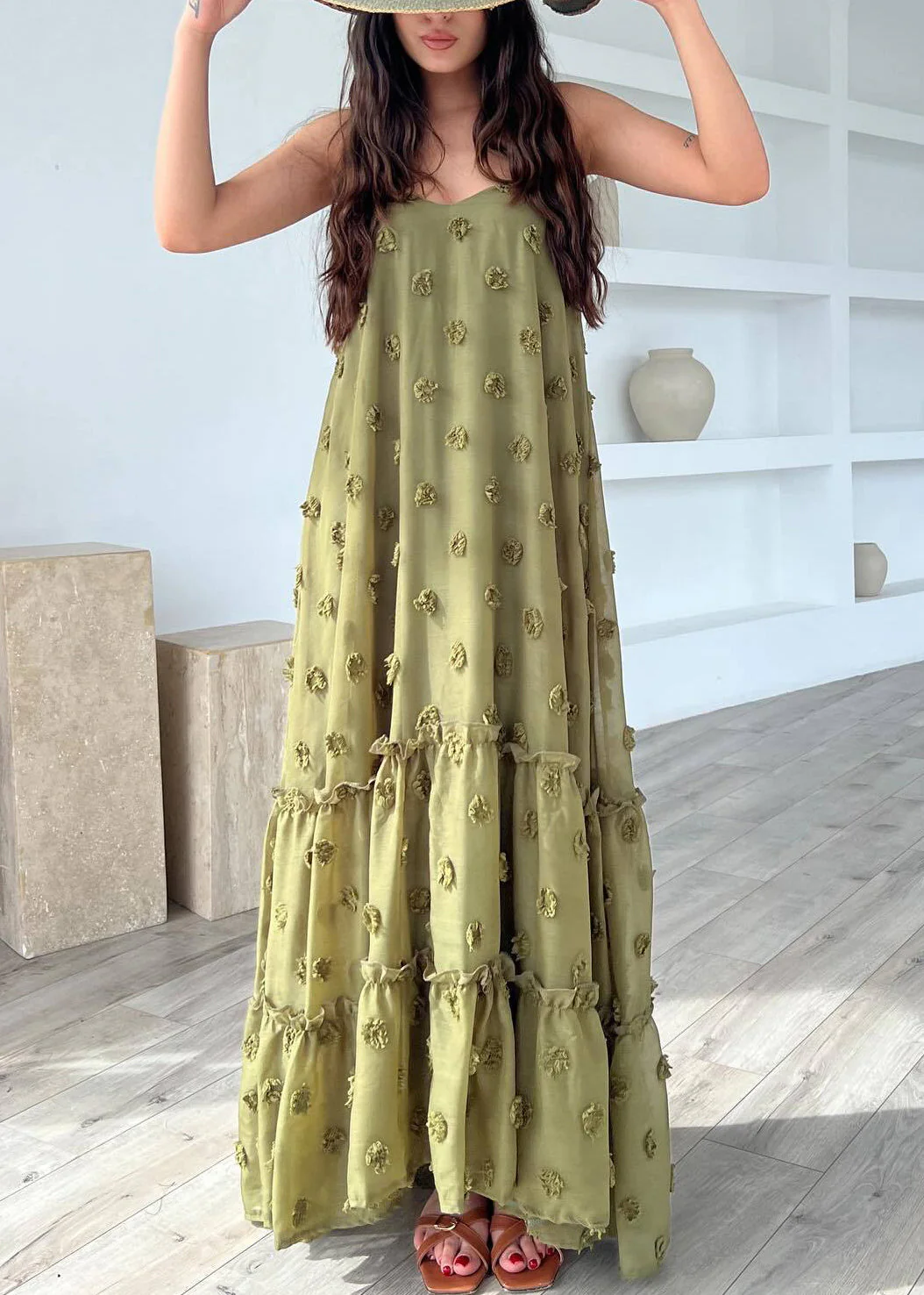 Army Green Floral Cotton Spaghetti Strap Dress Ruffled Summer - Image 2
