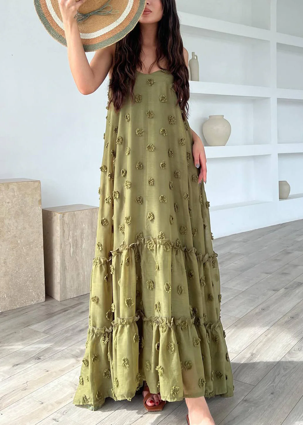 Army Green Floral Cotton Spaghetti Strap Dress Ruffled Summer - Image 3