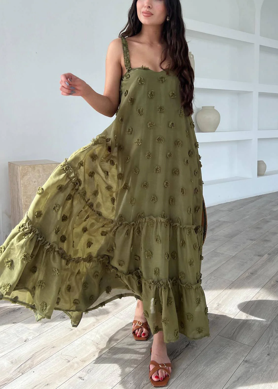 Army Green Floral Cotton Spaghetti Strap Dress Ruffled Summer - Image 4