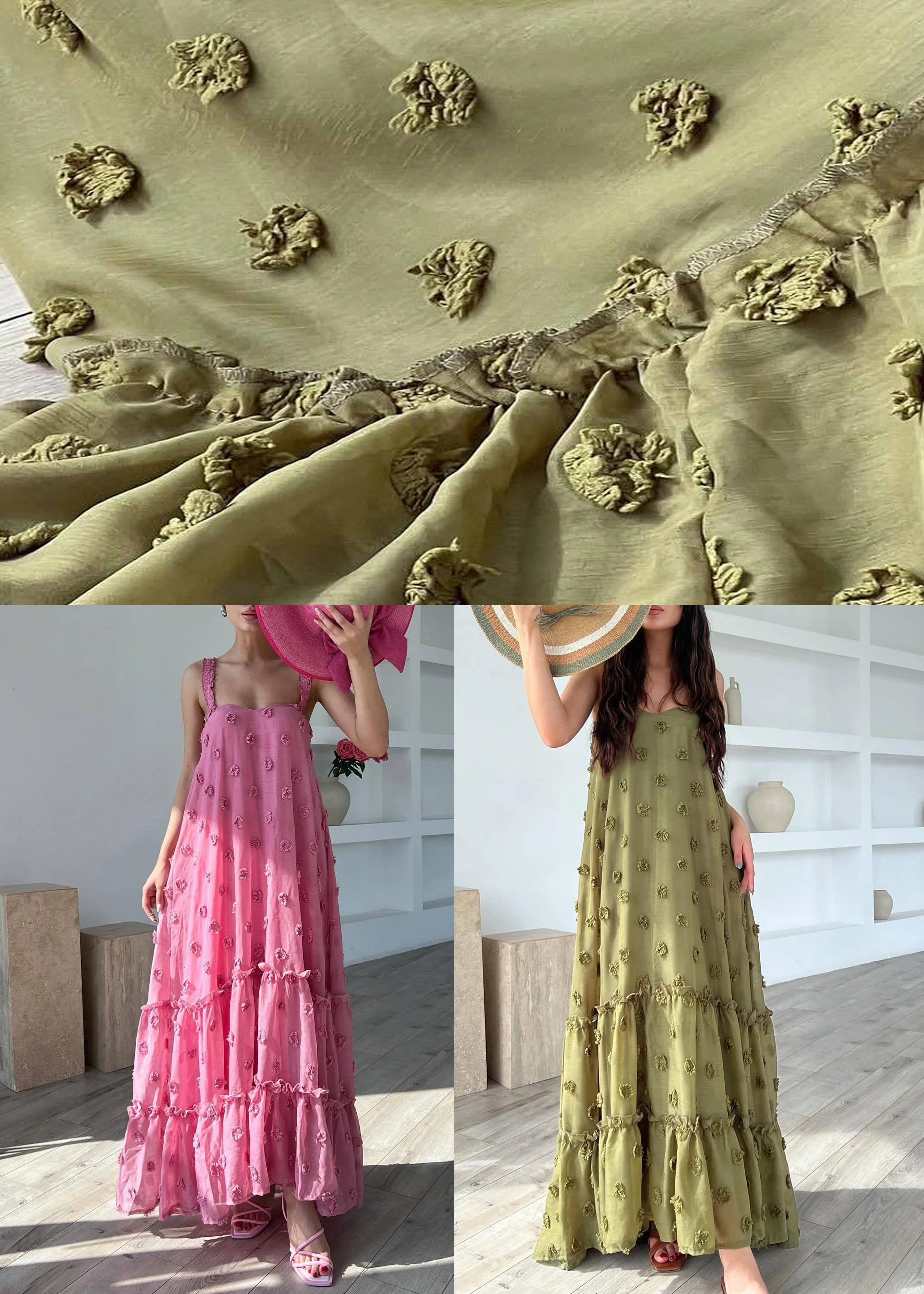Army Green Floral Cotton Spaghetti Strap Dress Ruffled Summer - Image 5