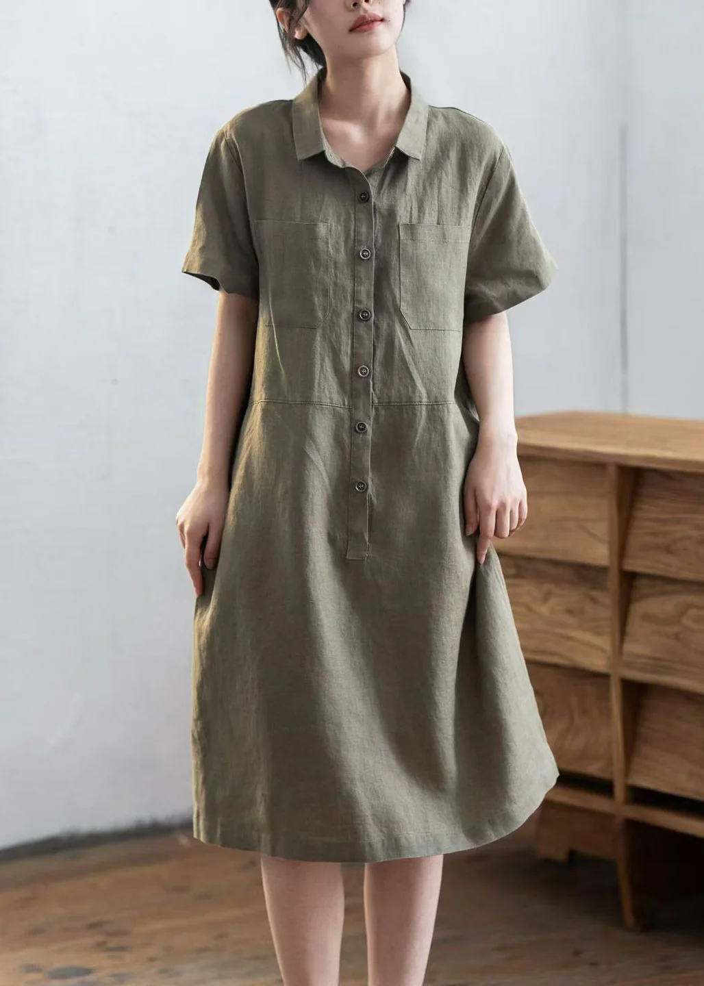 Army Green Linen Straight Dress Oversized Buttons Summer - Image 2
