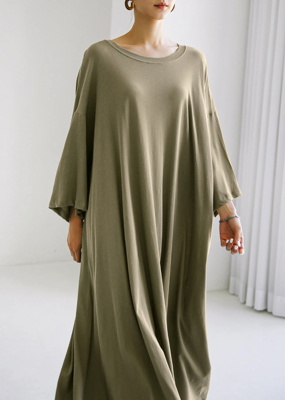 Army Green O-Neck Cotton Maxi Dress Long Sleeve - Image 3