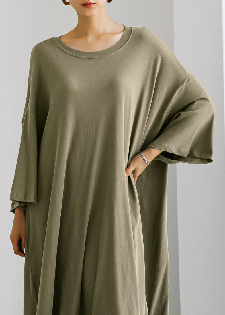 Army Green O-Neck Cotton Maxi Dress Long Sleeve - Image 4