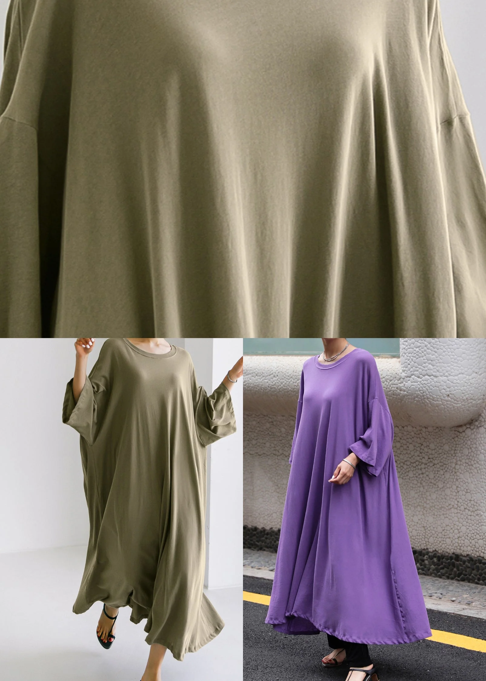 Army Green O-Neck Cotton Maxi Dress Long Sleeve - Image 5