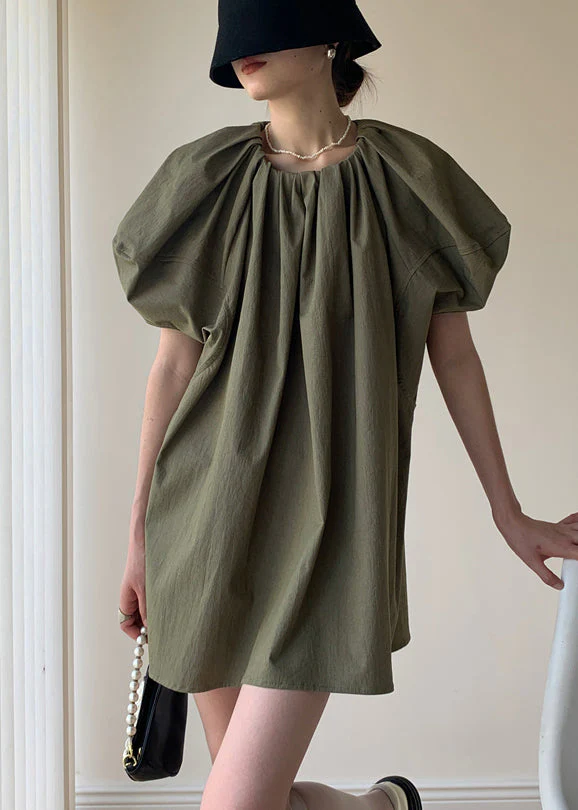 Army Green Patchwork Cotton Mid Dresses O Neck Puff Sleeve - Image 2