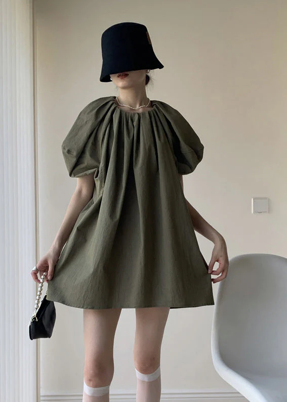 Army Green Patchwork Cotton Mid Dresses O Neck Puff Sleeve - Image 3