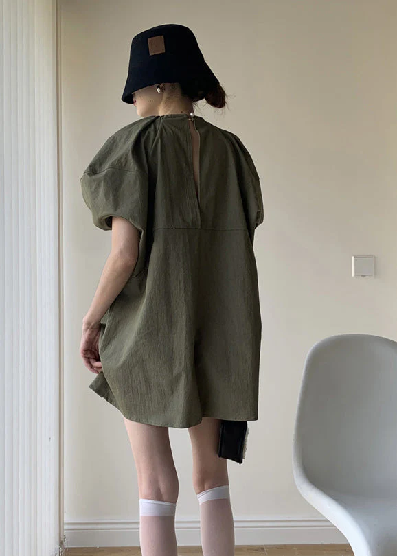 Army Green Patchwork Cotton Mid Dresses O Neck Puff Sleeve - Image 4