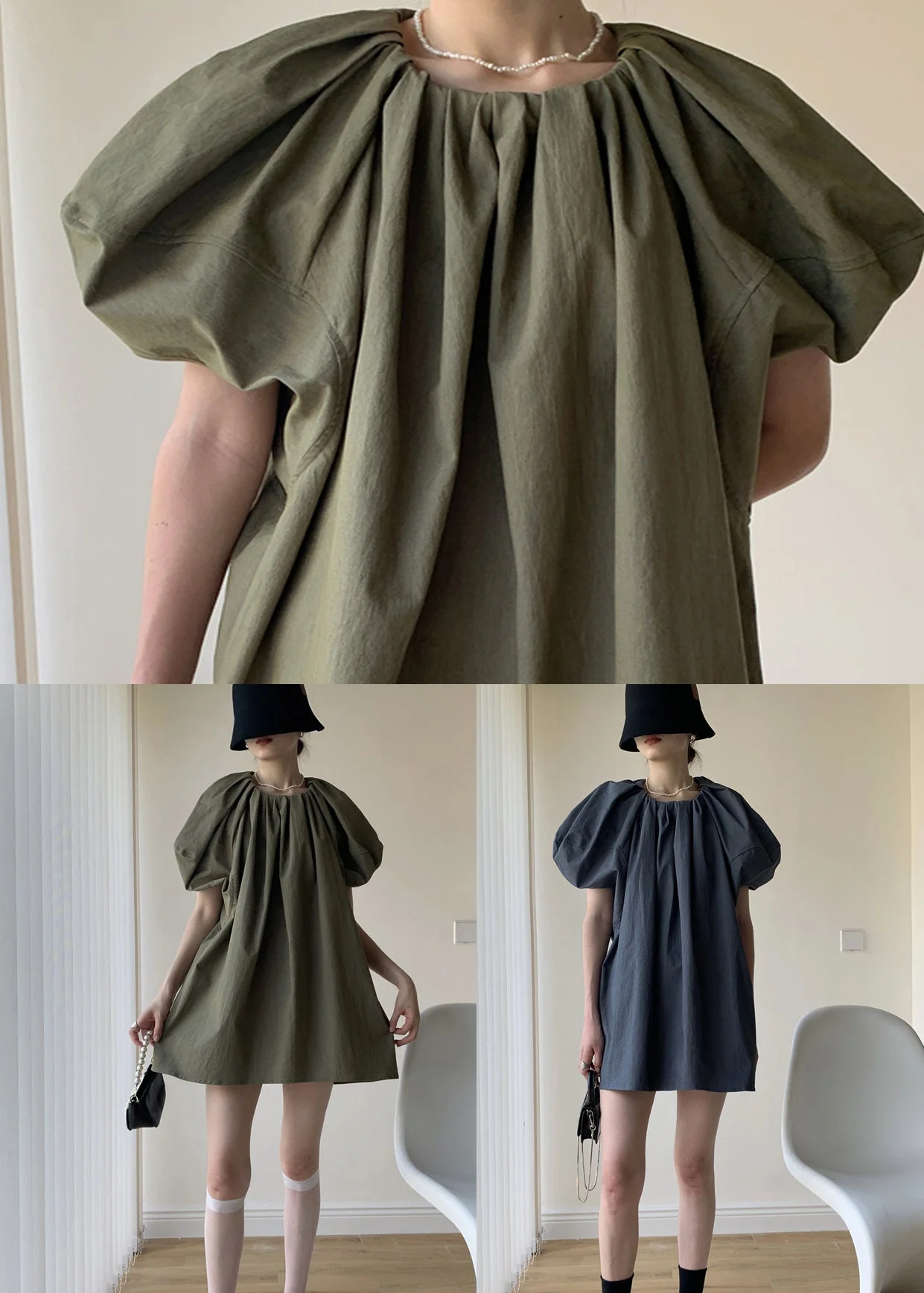 Army Green Patchwork Cotton Mid Dresses O Neck Puff Sleeve - Image 5