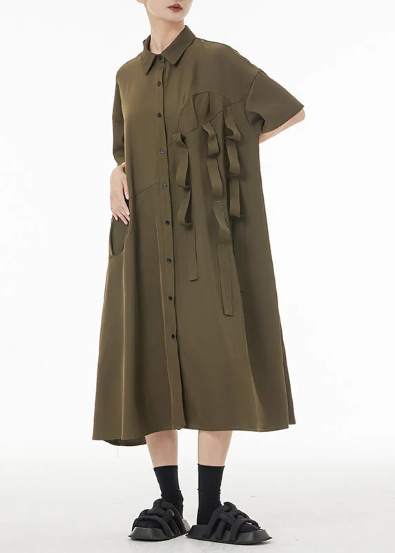 Army Green Patchwork Cotton Shirt Dresses Oversized Original Design Summer - Image 2