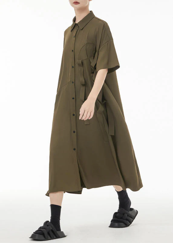 Army Green Patchwork Cotton Shirt Dresses Oversized Original Design Summer - Image 3