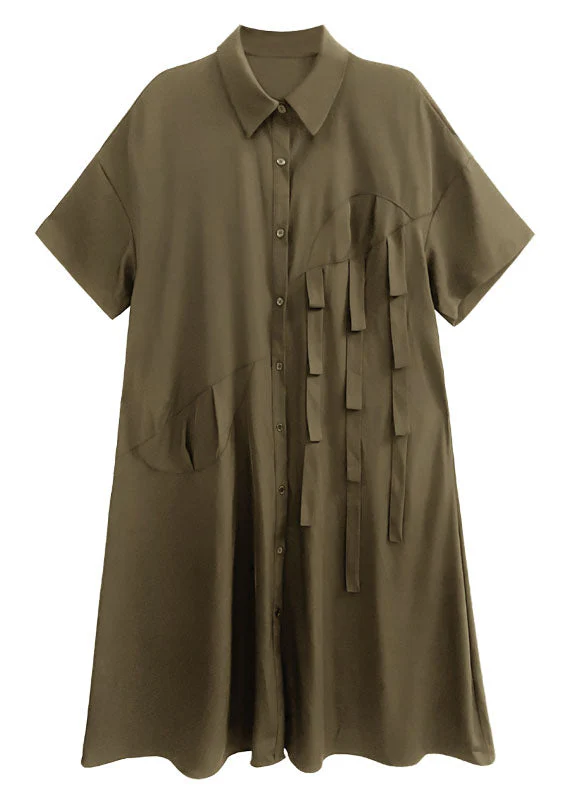 Army Green Patchwork Cotton Shirt Dresses Oversized Original Design Summer - Image 5