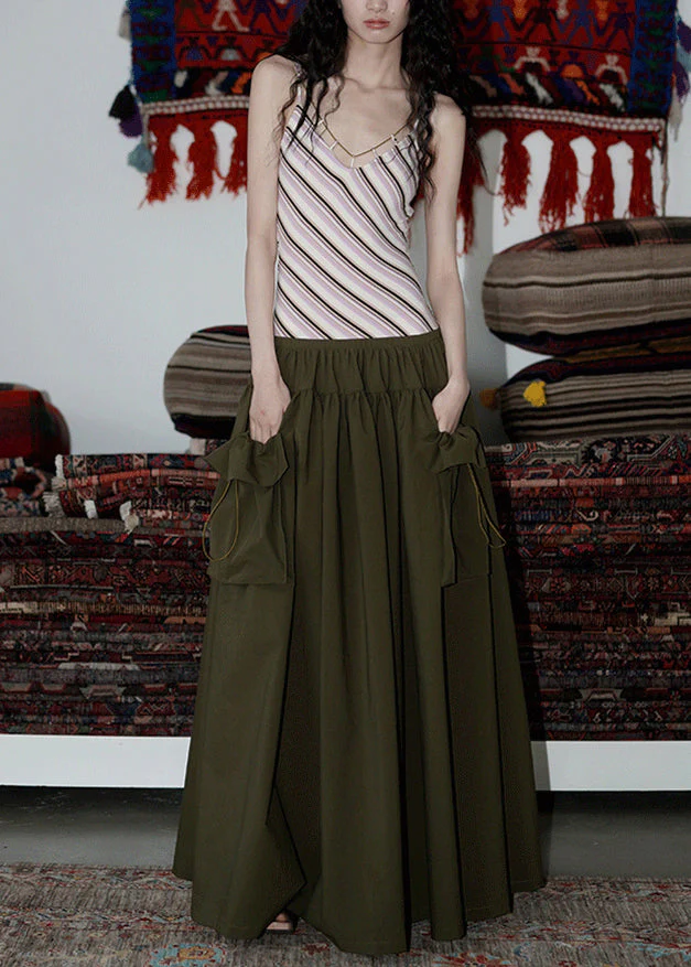 Army Green Pockets Patchwork Cotton Spaghetti Strap Dress V Neck Summer - Image 2