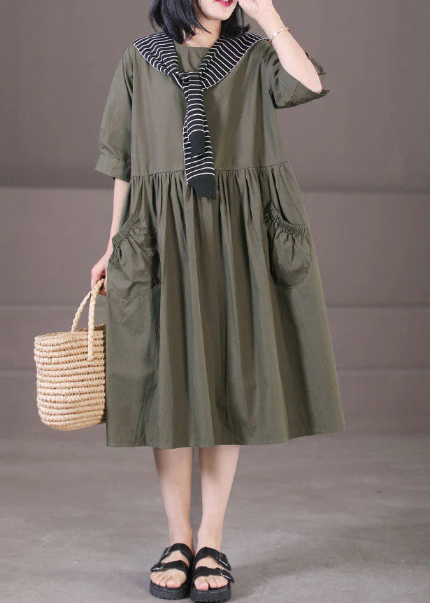 Army Green Sailor Collar Cotton Holiday Dresses Pockets Wrinkled Half Sleeve - Image 2