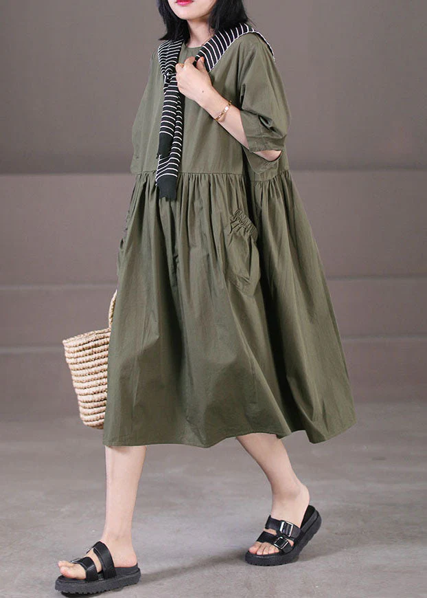 Army Green Sailor Collar Cotton Holiday Dresses Pockets Wrinkled Half Sleeve - Image 3