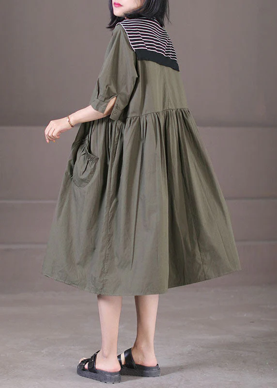 Army Green Sailor Collar Cotton Holiday Dresses Pockets Wrinkled Half Sleeve - Image 4