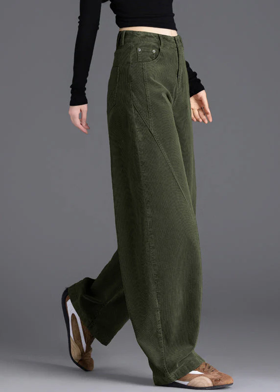 Army Green Warm Fleece Corduroy Pant Oversized High Waist Spring