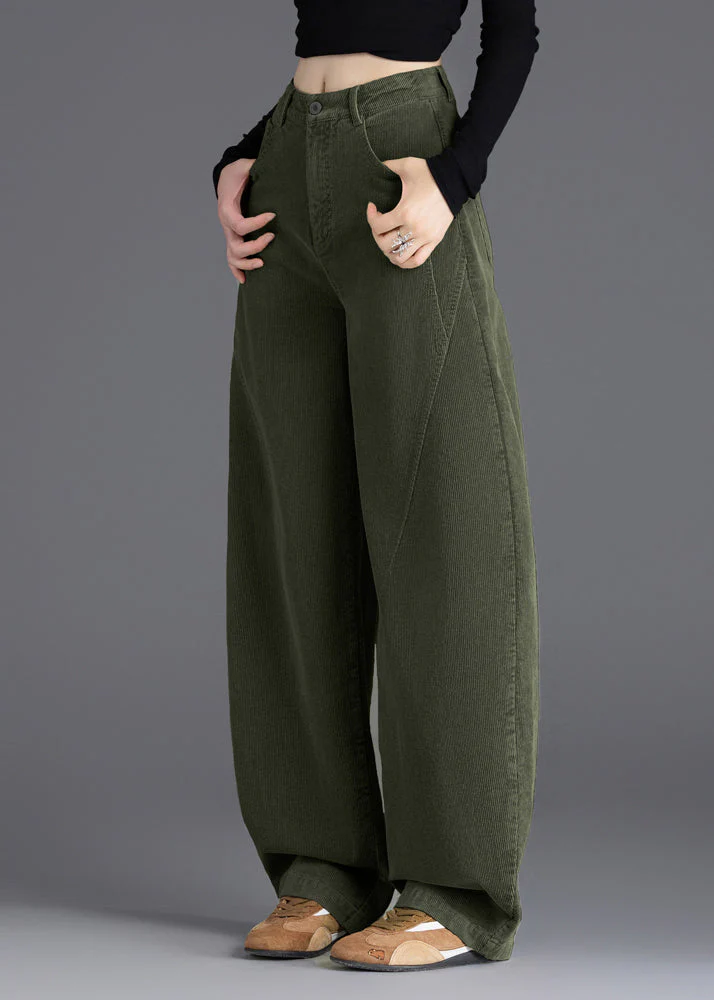 Army Green Warm Fleece Corduroy Pant Oversized High Waist Spring - Image 2