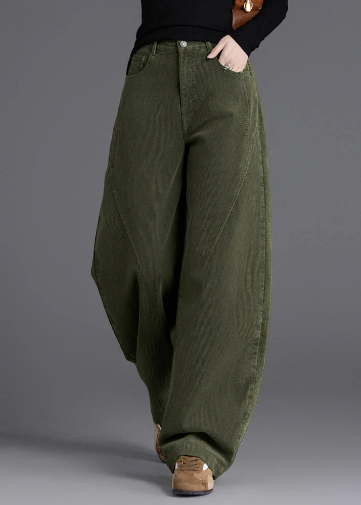 Army Green Warm Fleece Corduroy Pant Oversized High Waist Spring - Image 3