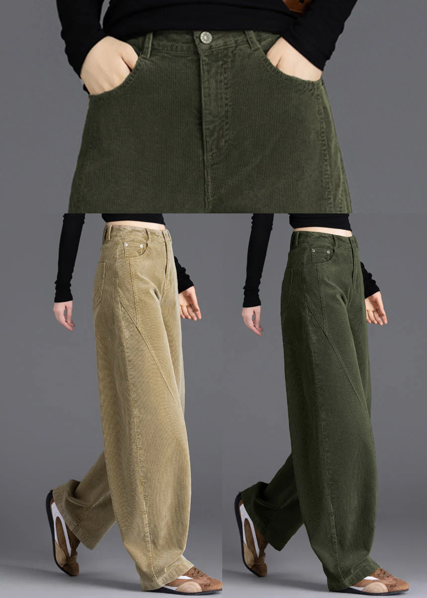 Army Green Warm Fleece Corduroy Pant Oversized High Waist Spring - Image 5