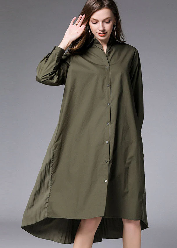 Army Green wrinkled Cotton Vacation shirts Dresses Peter Pan Collar Spring - Image 2