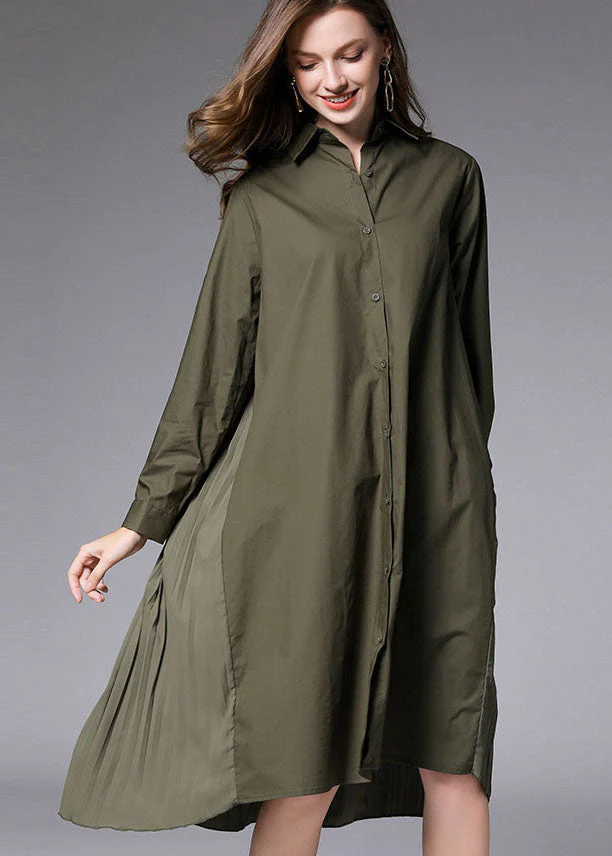 Army Green wrinkled Cotton Vacation shirts Dresses Peter Pan Collar Spring - Image 3