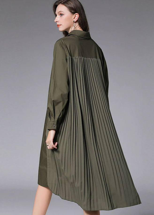 Army Green wrinkled Cotton Vacation shirts Dresses Peter Pan Collar Spring - Image 4