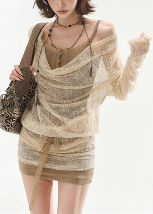 Art Apricot Lace Up False Two Pieces Lace Mini Dresses - Image 3
