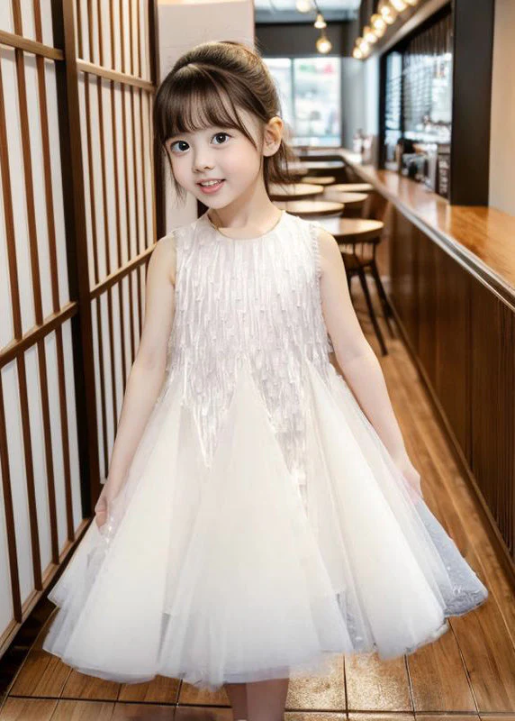 Art Apricot O-Neck Patchwork Tulle Girls Long Dress Sleeveless - Image 2