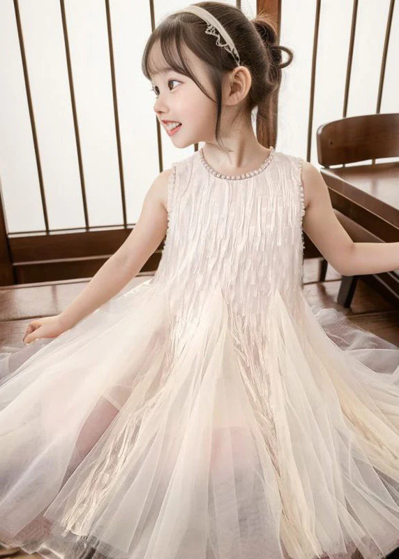 Art Apricot O-Neck Patchwork Tulle Girls Long Dress Sleeveless - Image 3