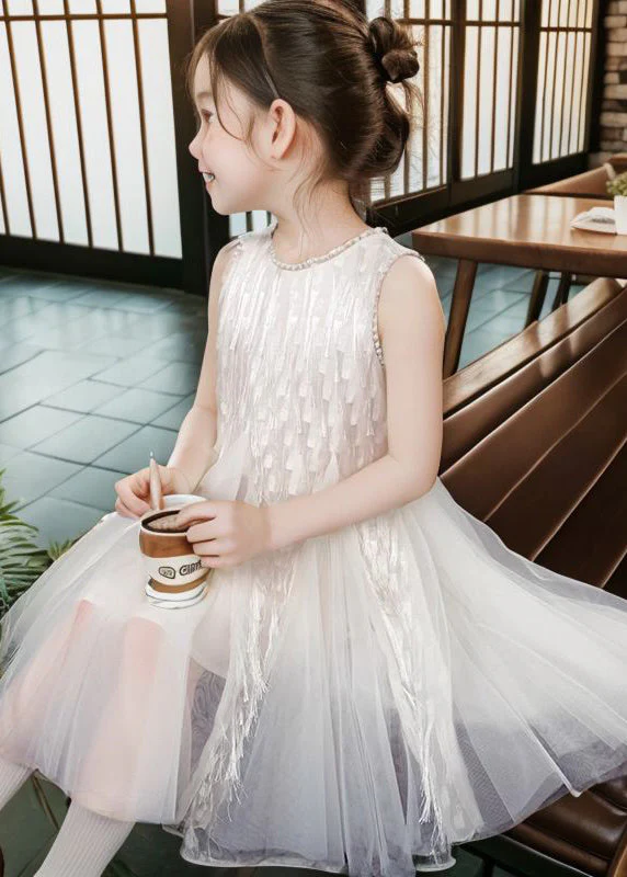 Art Apricot O-Neck Patchwork Tulle Girls Long Dress Sleeveless - Image 5