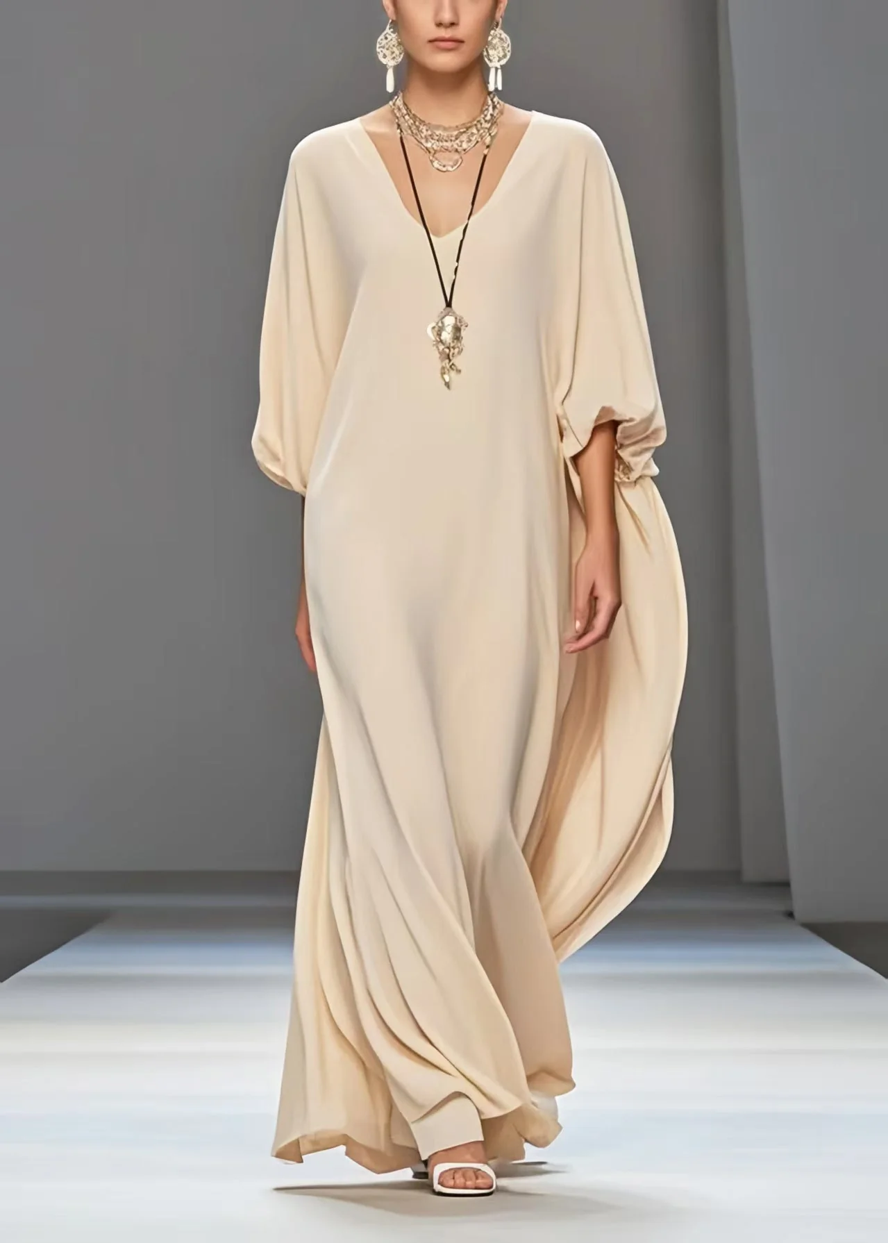 Art Apricot Oversized Draping Chiffon Dress Lantern Sleeve - Image 3